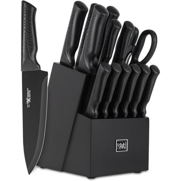 Kitchen Knife Set 15 Piece with Block Self Sharpening Dishwasher Safe Black